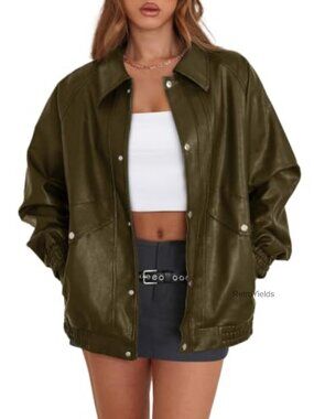 Oversized Faux Leather Motorcycle Jacket Zip Up Winter Coat
